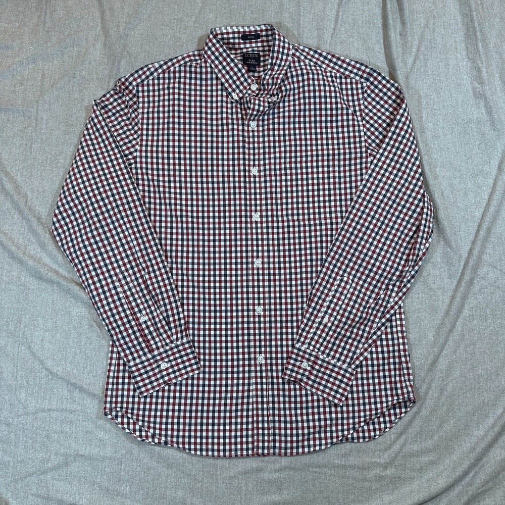 J Crew Shirt Mens Large Red Blue White‎ Check Slim Fit Flex Washed Button Down